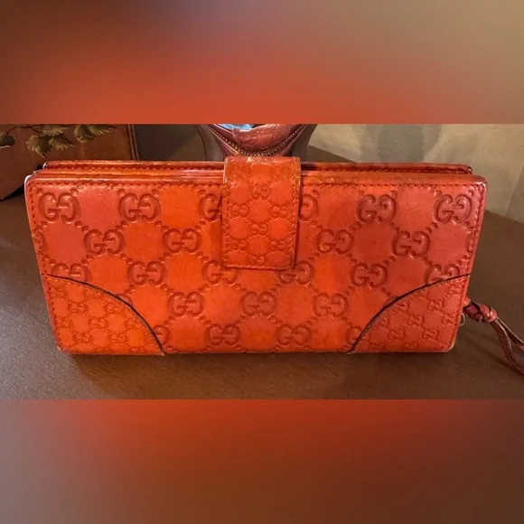 Gucci Bags Gucci Redish Orange Embossed Leather Wallet Poshmark